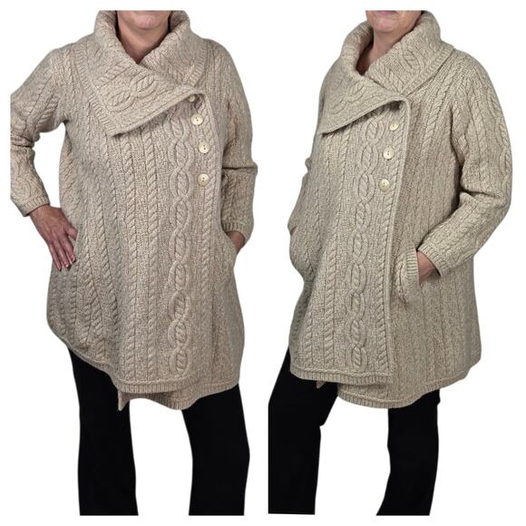 Aran Crafts 100% Merino Wool Cable Knit Cardigan L Beige Oatmeal Shawl Collar - Picture 1 of 16